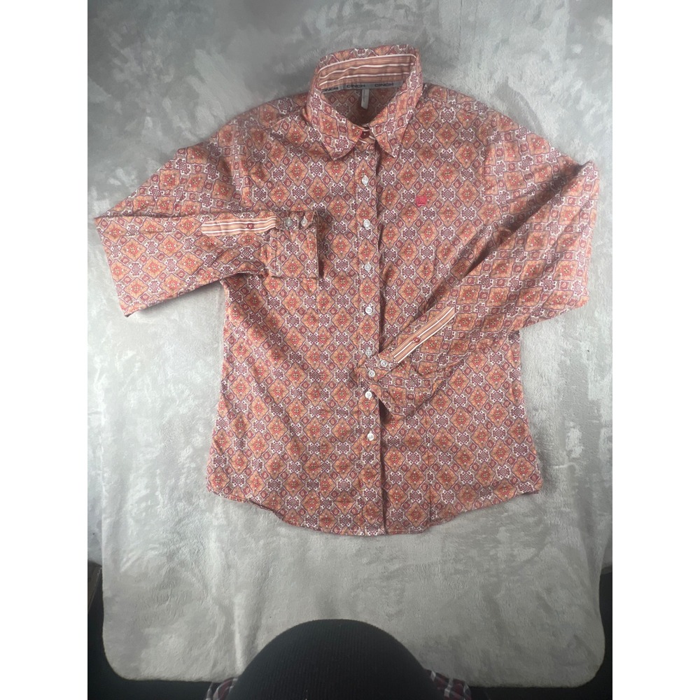 Cinch Womens Orange Geometric Paisley Long Sleeve Western Button Down Shirt L